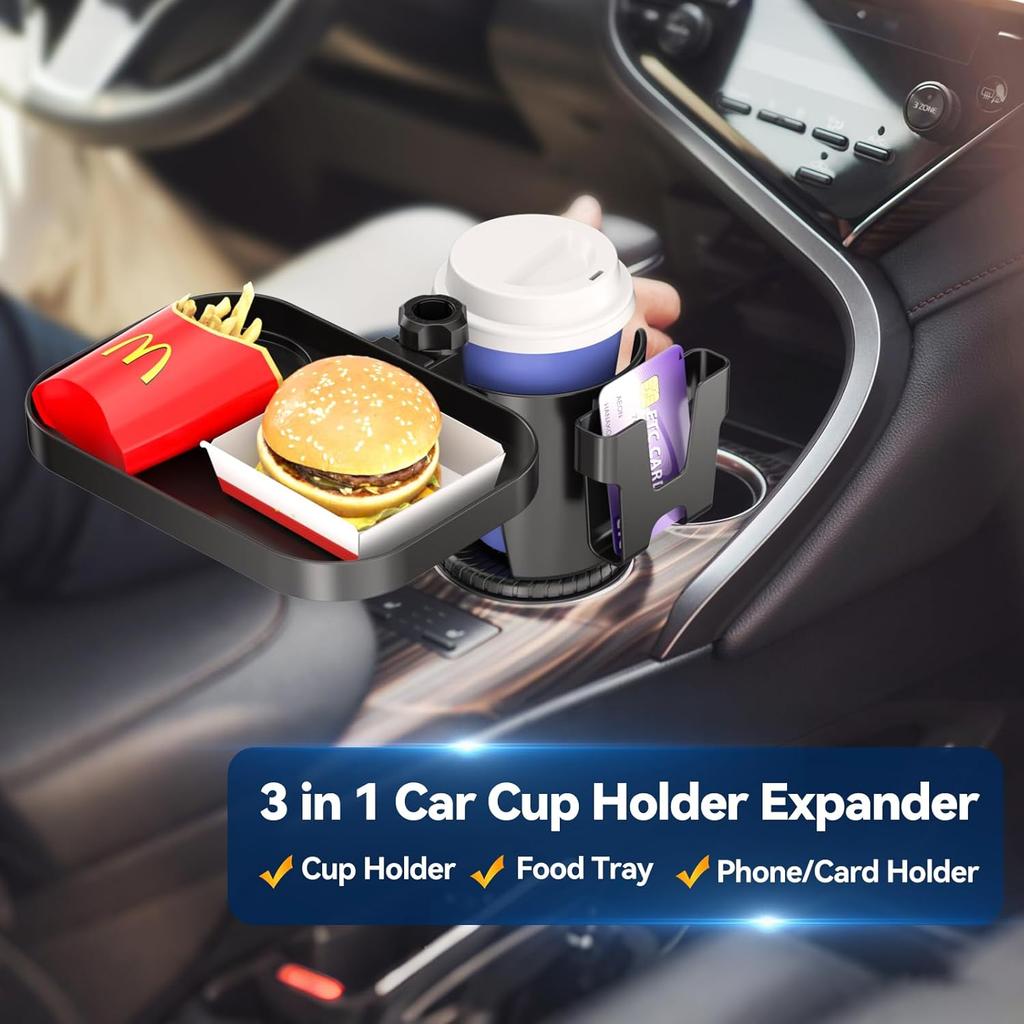 KDD Car Cup Holder Expander - 3 In 1 Cup Holder Adapter With Adjustable Base - Detachable Phone Holder & 360° Rotation Food Tray For Car -