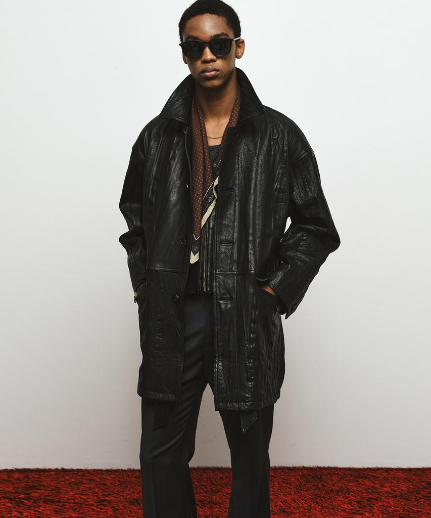 Noirer Crinkle Leather Car Coat (Black)