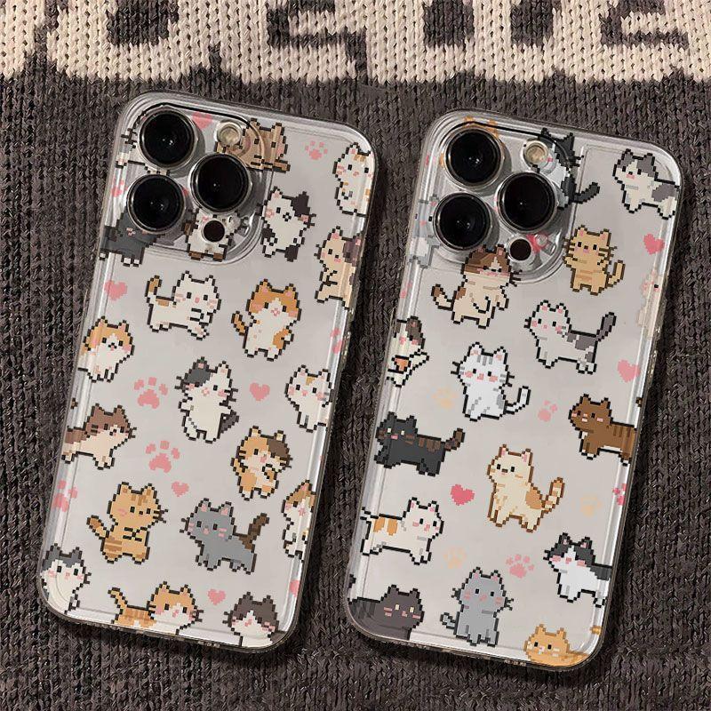 Прозрачный противоударный чехол для телефона для IPhone 17 16 15 14 13 12 11 Pro Max IPhone 16 15 14 Plus Очаровательные пиксельные котята