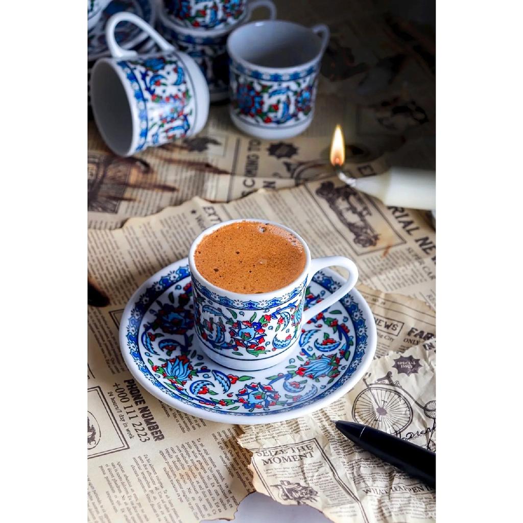 Porcelain Topkap Tile Patterned Turkish Coffee Cup Set For 6 Persons 12 Pieces