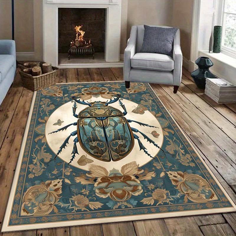 Vintage Beetle Rug with Floral Border Antique Style Living Room Carpet, Nature-Inspired Home Decor Items Skid resistant carpet