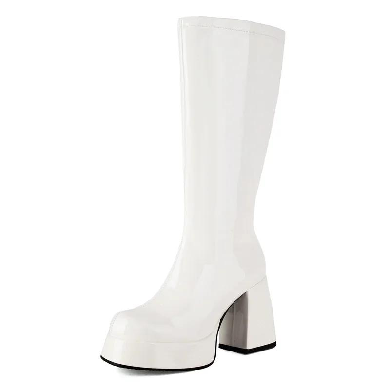 Glossy Pink Patent Leather Knee High Platform Boots Women Thick Heels Sweet Purple Green Party Dress Lady Winter Long Gogo Boots