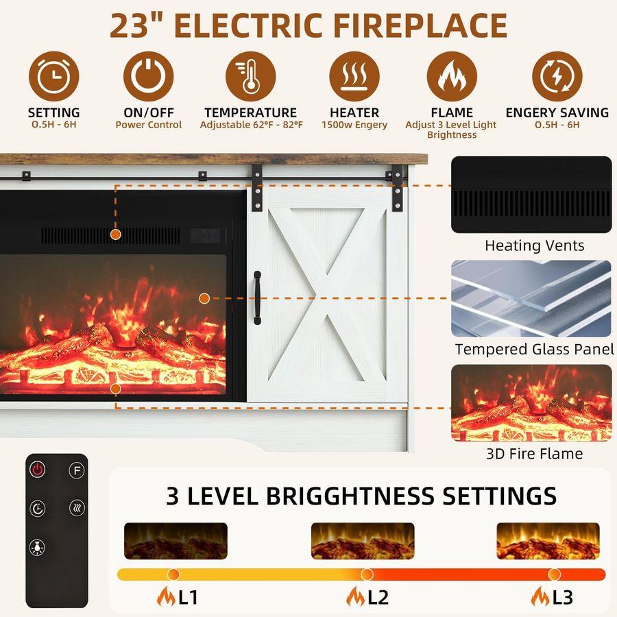 ТВ-тумба с камином и раздвижной амбарной дверью, развлекательный центр с электрическим камином 23 дюйма и регулируемыми шкафами для хранения, фермерский дом