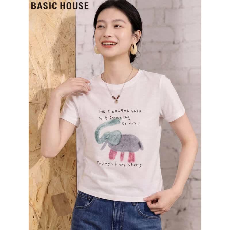 Базовая женская футболка с принтом, круглым вырезом и короткими рукавами Basic House
