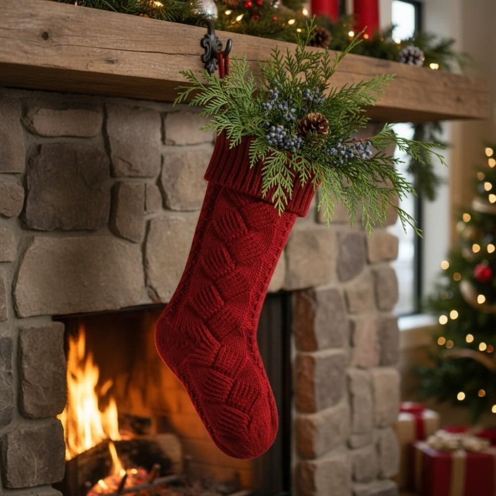 Solid Color Knitted Christmas Socking Yarn Christmas Gift Bag Xmas Tree Hanging Ornaments  Party