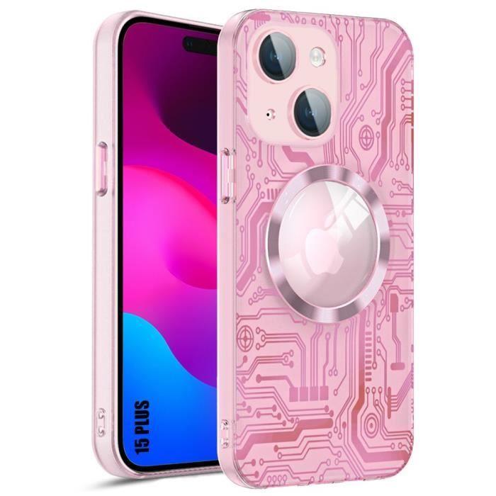 Coque pour iPhone 15 Plus avec Cercle Magnétique, Coque Rigide Antichoc Translucide Rose + Protection Caméra Verre Trempé