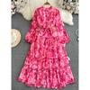 Long Sleeves Stand Collar A- Line Elegance Wide Hem Printed Dress