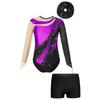Kids Girls Gymnastic Leotard Long Sleeve Mesh Keyhole Back Design with V-Front Shorts Set