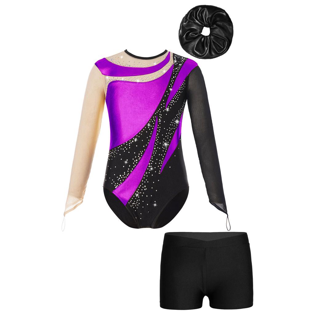 Kids Girls Gymnastic Leotard Long Sleeve Mesh Keyhole Back Design with V-Front Shorts Set