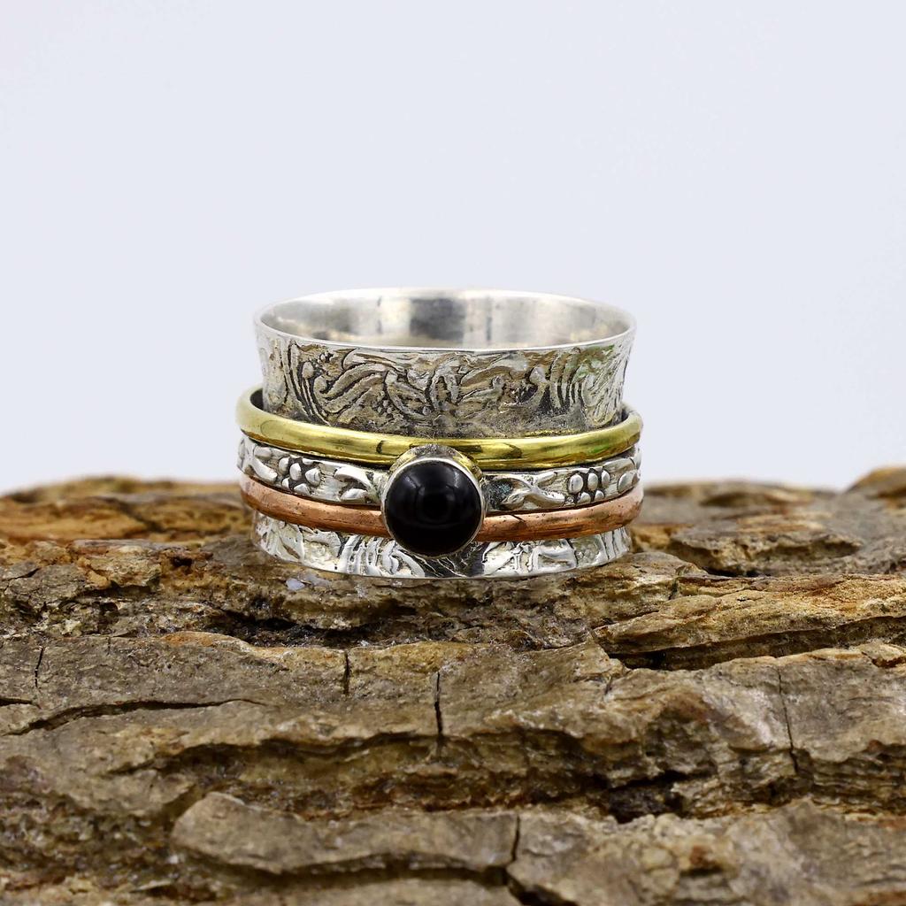Black Onyx Gemstone Ring, Three Tone Ring, Spinner Band, Bohemian Ring, Silver Jewelry, Labor Day Sale, 925 Sterling Silver