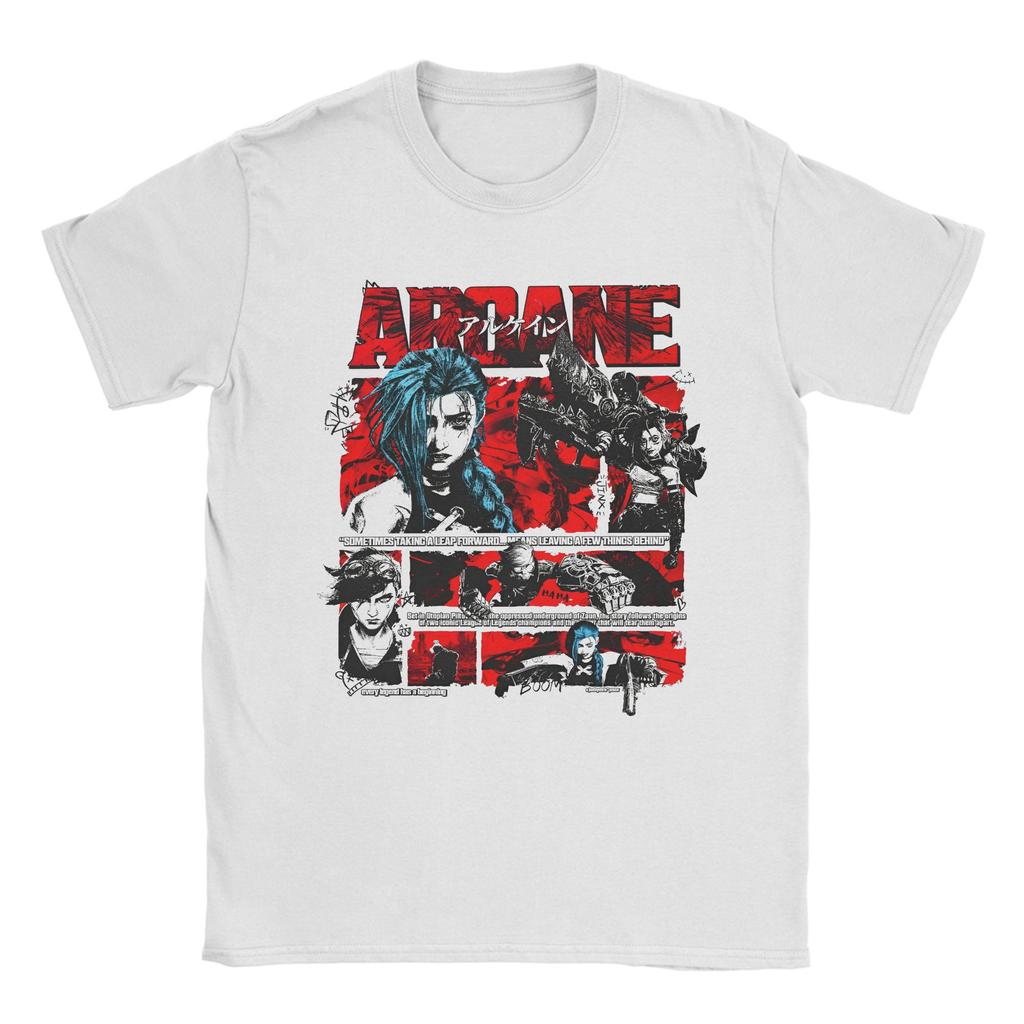 Crazy Arcane Poster Jinx Vi Sister T-Shirt for Men Crewneck Cotton T Shirts Anime Game Short Sleeve Tees Plus Size Merch