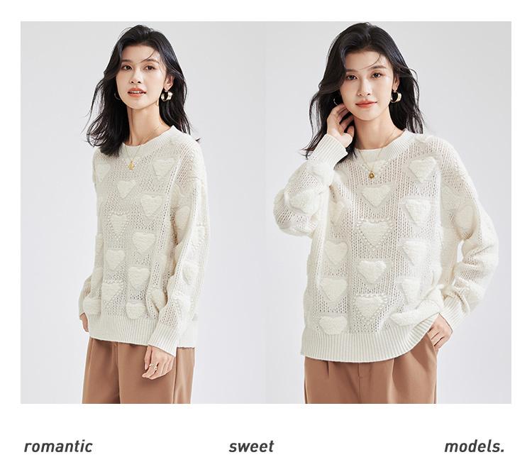 [Thick 100% Wool] Autumn/Winter Round Neck Long Sleeve Solid Color Triangle Love Women's Hoodie Wool Sweater