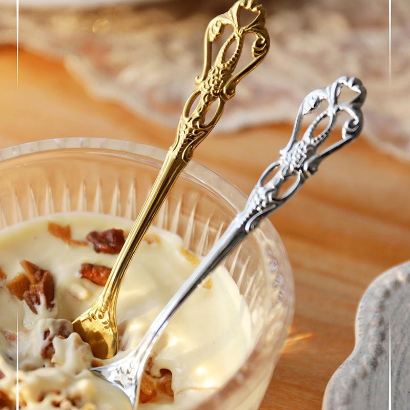 1 шт. Европейская королевская десертная ложка, ретро-полая вилка для торта и фруктов, рельефная ремесленная ложка, золотая европейская кофейная ложка из нержавеющей стали