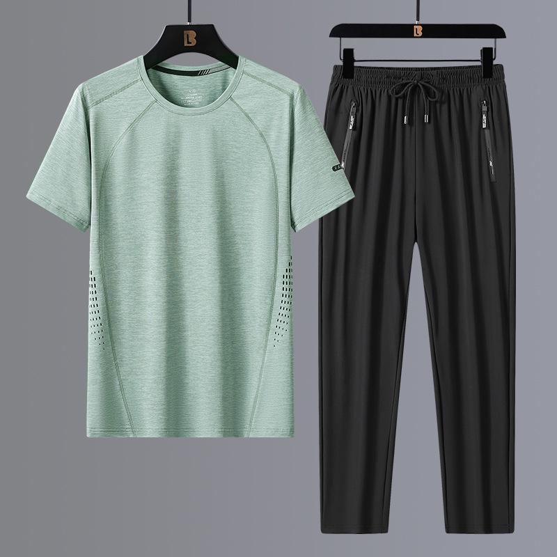 Новая летняя футболка, быстросохнущая ткань, мужские спортивные штаны из ледяного шелка для отдыха, комплект из двух предметов