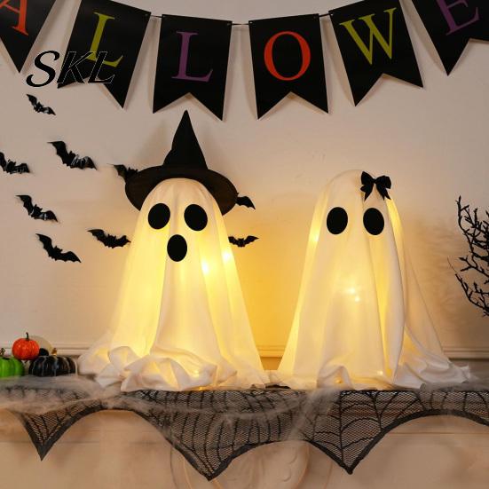 Seasonal Holiday Decor Halloween Ghost Decoration, Light-Up with Witch Hat/Bow, Decoration Spooky Standing for Porch Yard Outdoor Party