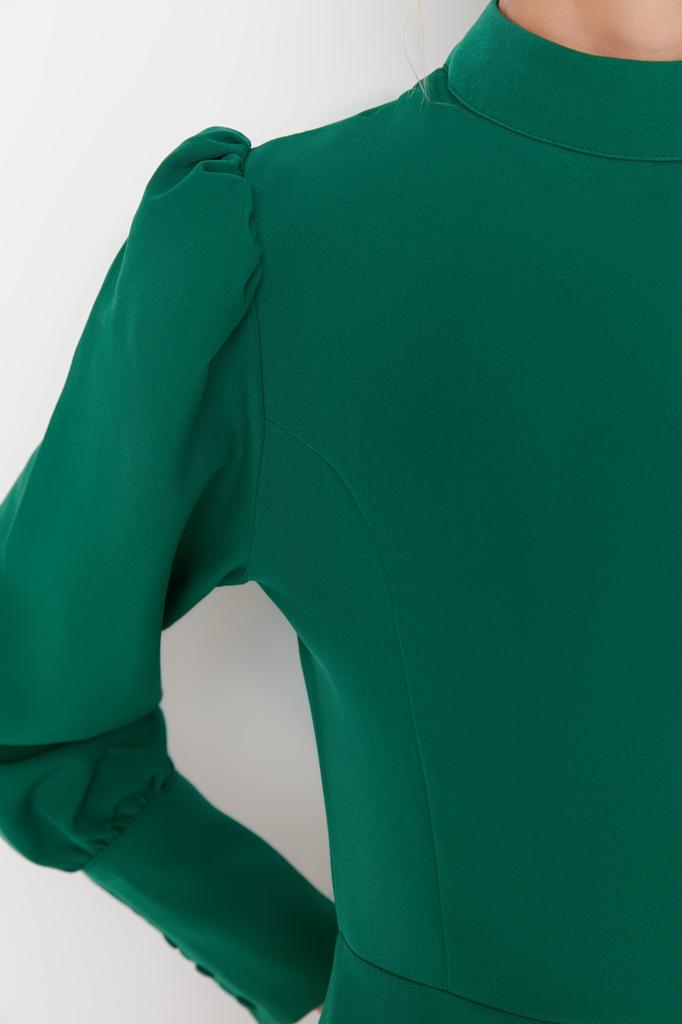 Women's Fashion New Dress Emerald Green A-Line High Collar Skirt Gathered Mini Woven Dress