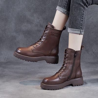 Короткие сапоги на толстой подошве из натуральной кожи в стиле ретро, удобные женские сапоги до середины голени