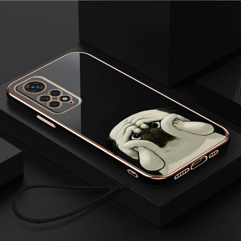 Luxury Plated TPU Phone Case With Lanyard for Xiaomi Poco F4 F5 M4 M5 X3 X4 X5 13T Redmi Note 10S 11S 10C 13C Cases A24 Animal Cute Pug Dog Cover