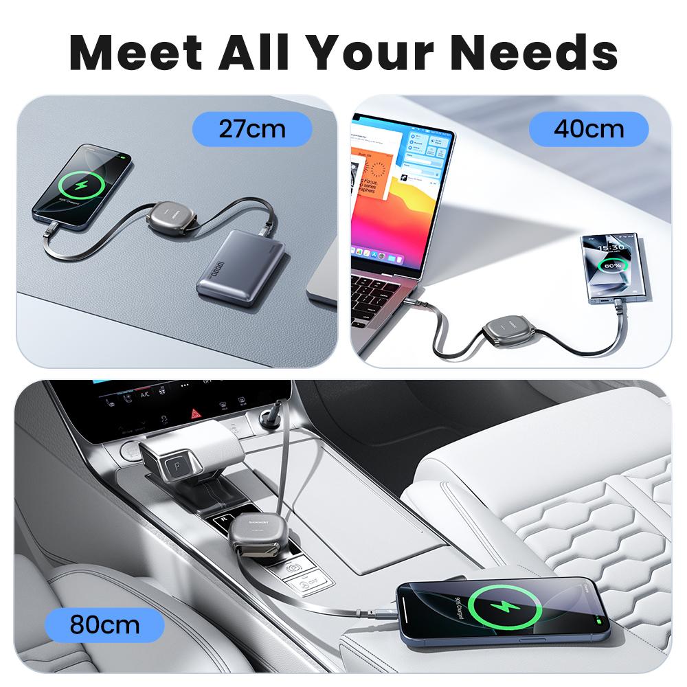 TOOCKI TX105A Mini Retractable USB-C to iP Cable 1M 27W Fast Charging Cord Support 480Mbps Data Transfer