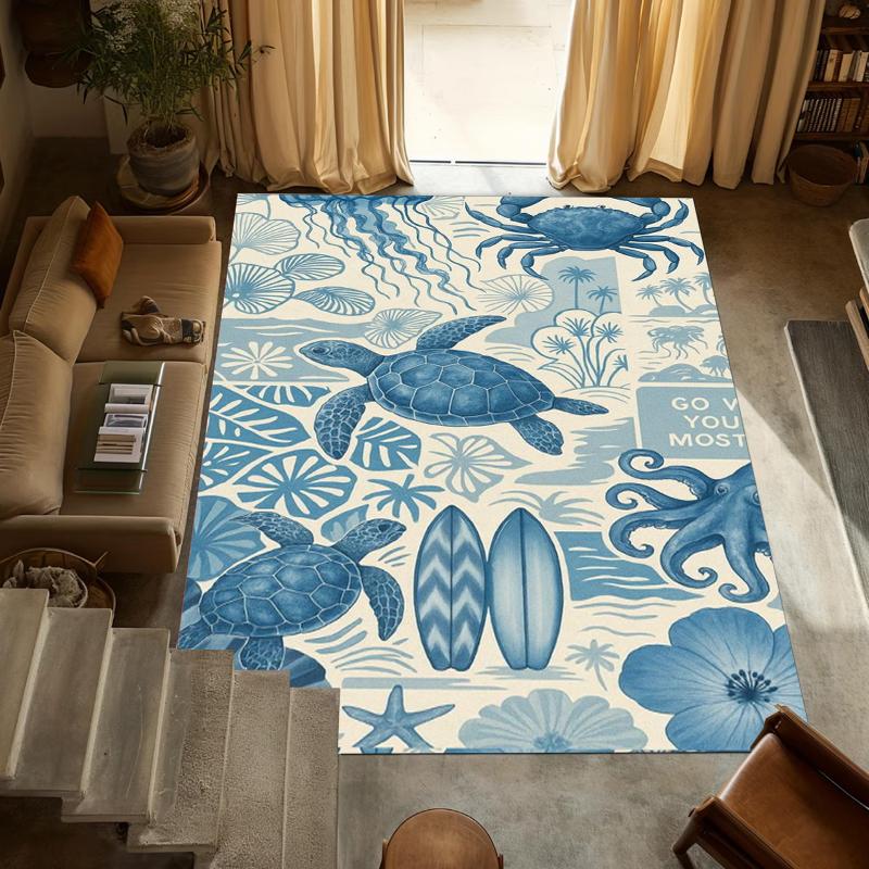 Ocean Blue Carpet Mat Rug Home Decoration Living Room Floor Rug Marine Animal Pattern Watercolor Style Indoor Area Rug