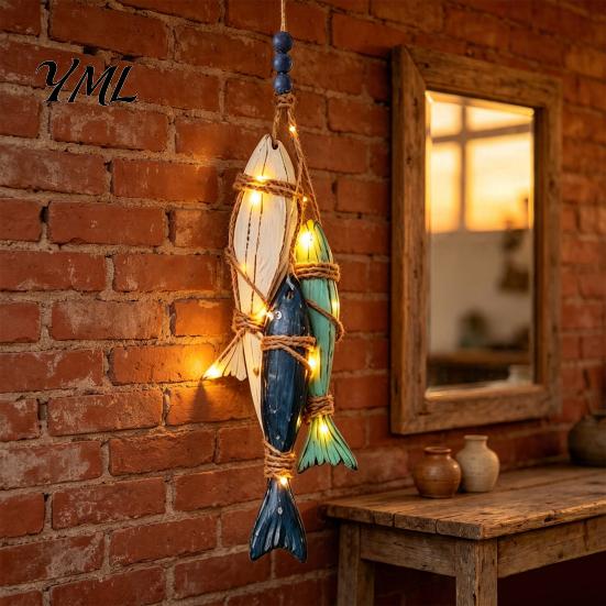 Maritime Inspired Home Accessories Lighted Wooden Fish Starfish Wall Decor, Beachy Decor with Warm LEDs, Handmade Beach Style Accents Coastal Nautical