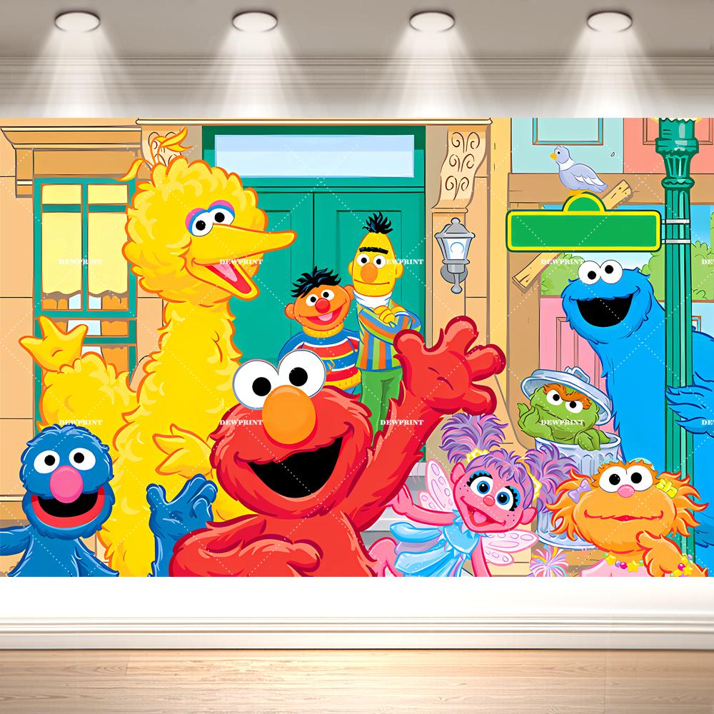 Sesames -Street Birthday Backdrop Cartoon Elmo Bird Cookie Monster Party Banner Kids Birthday Photo Background Decor Supplies