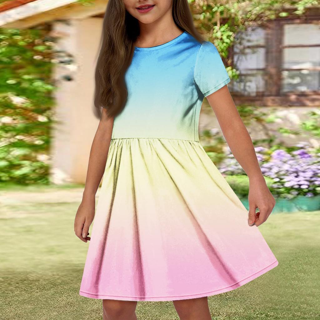 Летнее платье для девочек, однотонное платье без рукавов с принтом и карманом, повседневное платье, вечернее платье с короткими рукавами