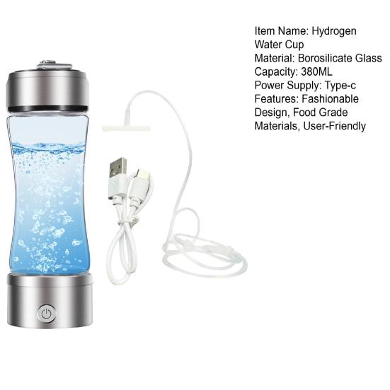 Hydrogen Water Bottle Generator 1300-2100ppb Hydrogen-Rich Water Cup 380ml High Borosilicate Glass SPE/PEM Technology Smart Health Cup for Home Office