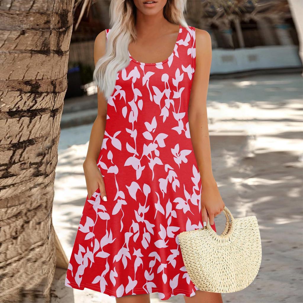 Women's Summer Leaf Print Fashion Casual Square Neck Sleeveless Dress With Pockets