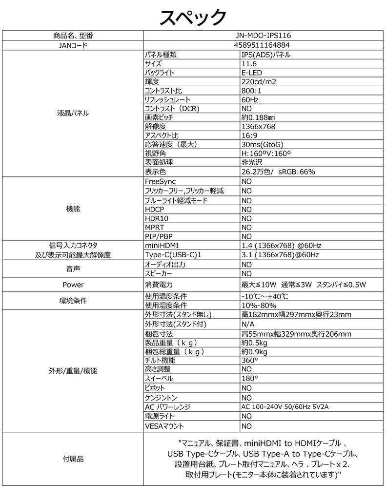 JAPANNEXT дюймовый мобильный монитор IPS панель FWXGA 1366x768 разрешение совместимый с ПК 11.6 (Тип C/MAC / sRGB100% / Матовый) JN-MDO-IPS116