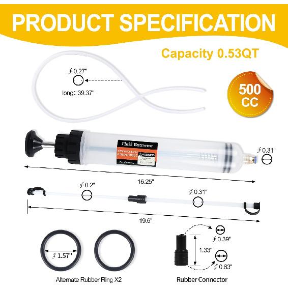 500CC Automotive Fluid Extractor With 39'' Long Hose & ExtensionTubes, Portable Oil Extractor Pump For Oil Change, Large Fluid Pump With Clear Scale