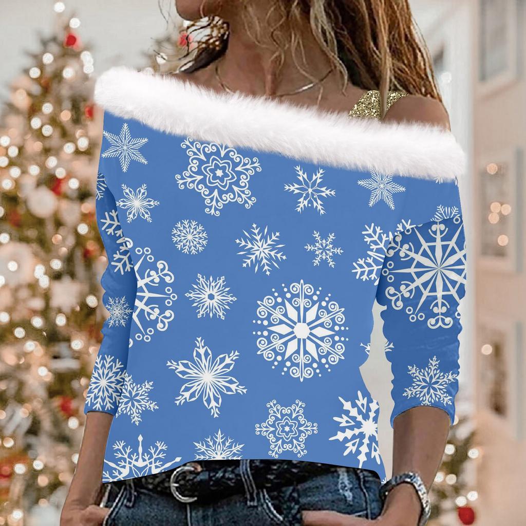 Женские топы с длинными рукавами. Модные женские свободные пуловеры с открытыми плечами с рождественским принтом.