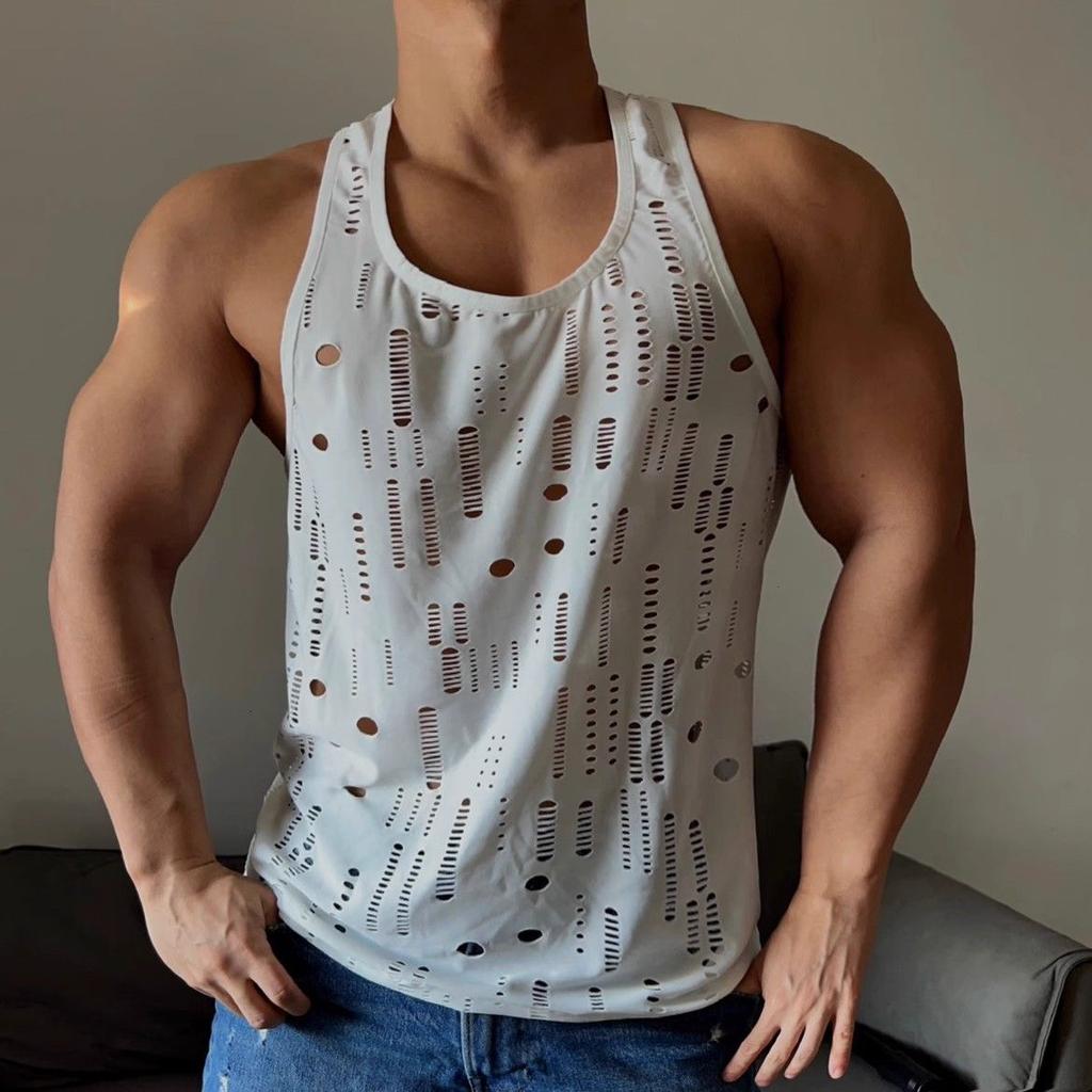 Мужские майки с вырезом, однотонные, с круглым вырезом, без рукавов, мужские жилеты, уличная одежда для фитнеса, летняя мужская одежда