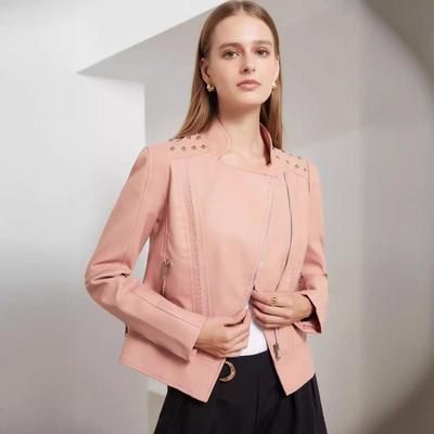 Женская кожаная куртка с бисером - Отложной воротник, Высококачественная ПУ кожа, Коллекция Весна/Осень