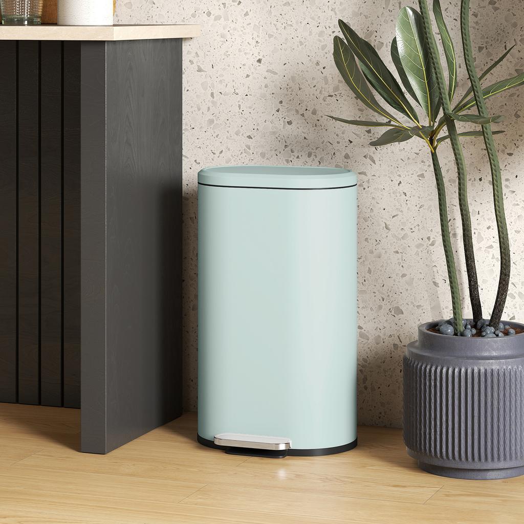 Kitchen Trash Can 30 Liter Step Trash Can with Soft-Close Lid, Metal Pedal, Green, 36.5 X 31 x 61 cm