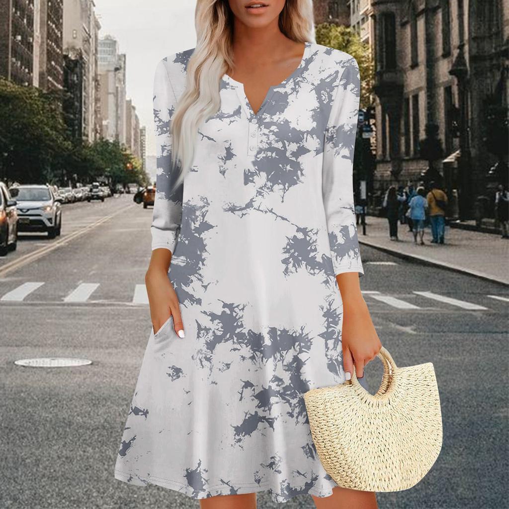Women's Summer Dress Loose V Neck Three-quarter Sleeve Sundress With Pockets Dress