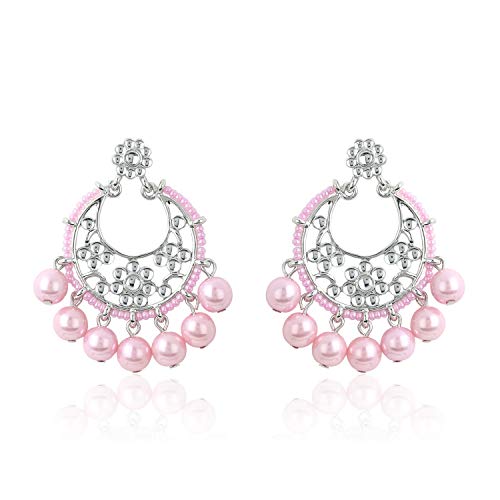Estele Rhodium Plated Splendid Drop Earrings with Glowing Pearls for Women