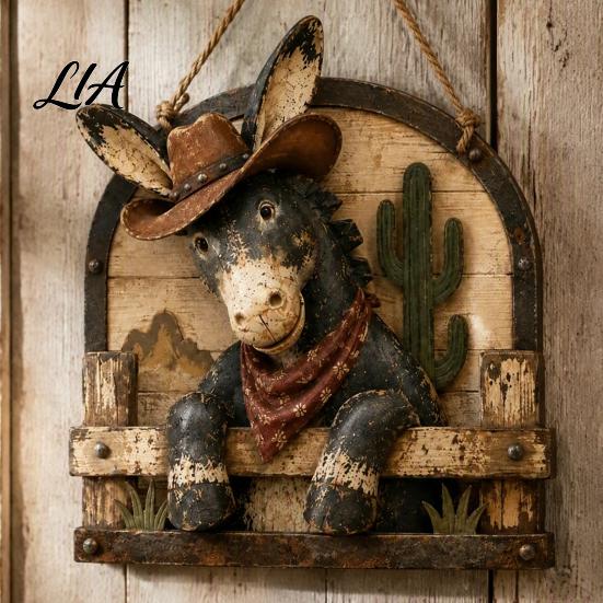 Decorative Wall Sign Western Cowboy Donkey Wooden Hanging Sign, Rustic Farmhouse Decor with Interior Accessories Rope, Country Style Animal