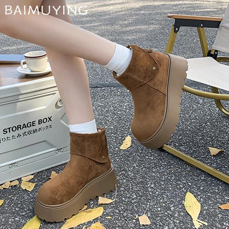 Женские зимние ботильоны на платформе, замшевые короткие плюшевые хлопковые туфли на плоской подошве, тренд 2025 года, теплые, повседневные, удобные, нескользящие, зимние ботинки для женщин