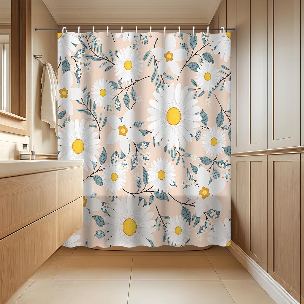 1 piece of printed white daisy pattern shower curtain, polyester fabric, machine washable, suitable for bathroom decoration