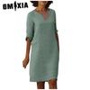 GMXIA Женское летнее однотонное хлопковое льняное ретро-платье с V-образным вырезом и коротким рукавом, легкое дышащее платье