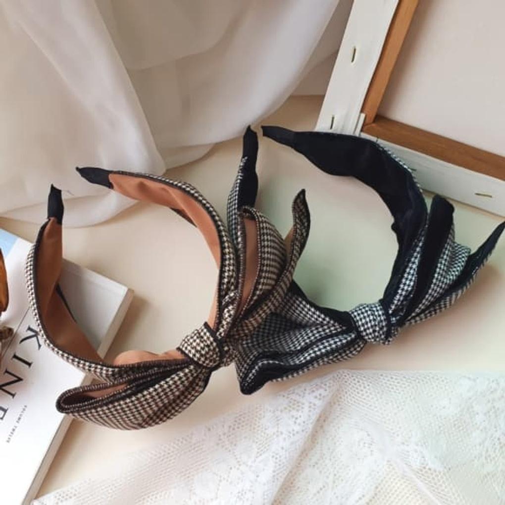 Women's Simple Daily Check Double Ribbon Headband Hairband