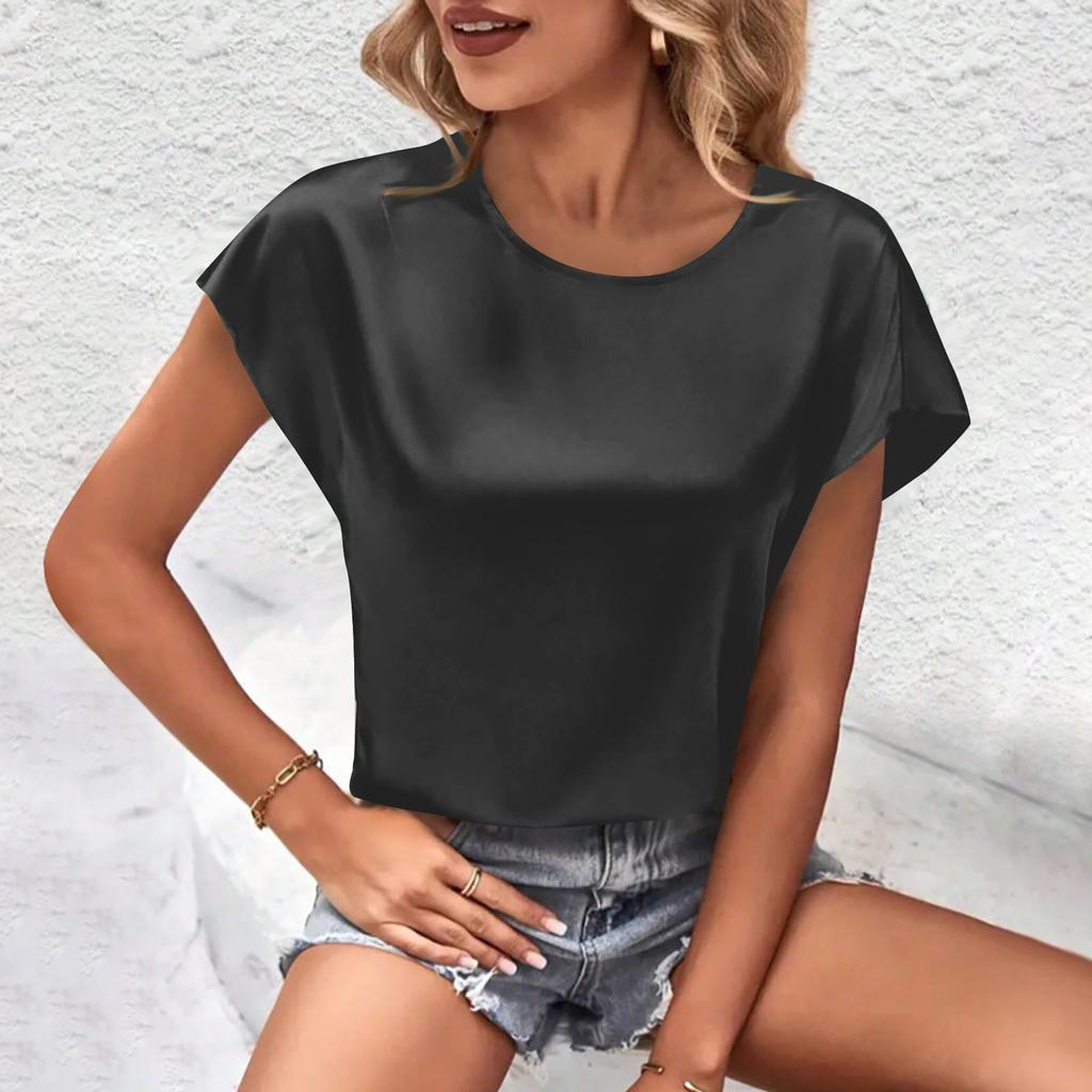 Женские повседневные топы без рукавов, однотонные атласные универсальные рубашки с круглым вырезом, топы