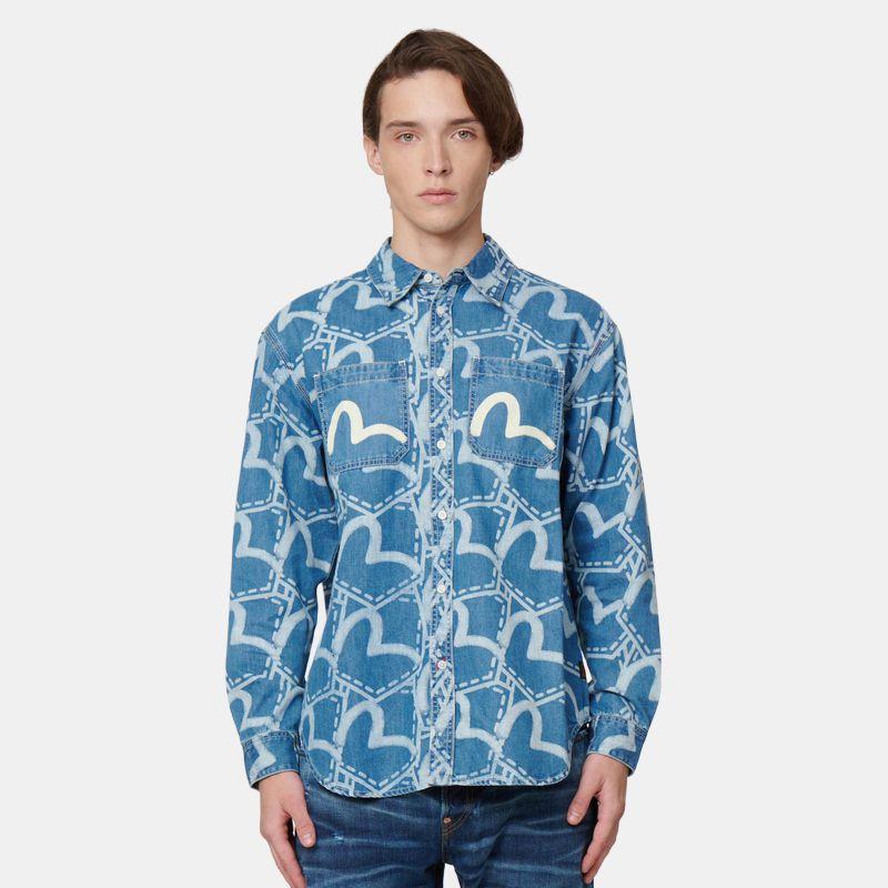 Evisu FW22 Рубашка с длинным рукавом с принтом по всей поверхности с карманами Мужские рубашки Джинсово-синий 2EAHTM2SL177RXDN