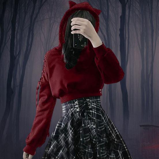 Осенняя женская свободная посадка на Хэллоуин, спортивная толстовка с капюшоном, на шнуровке, с открытыми плечами, с длинным рукавом, с кошачьими ушками, укороченная толстовка с капюшоном