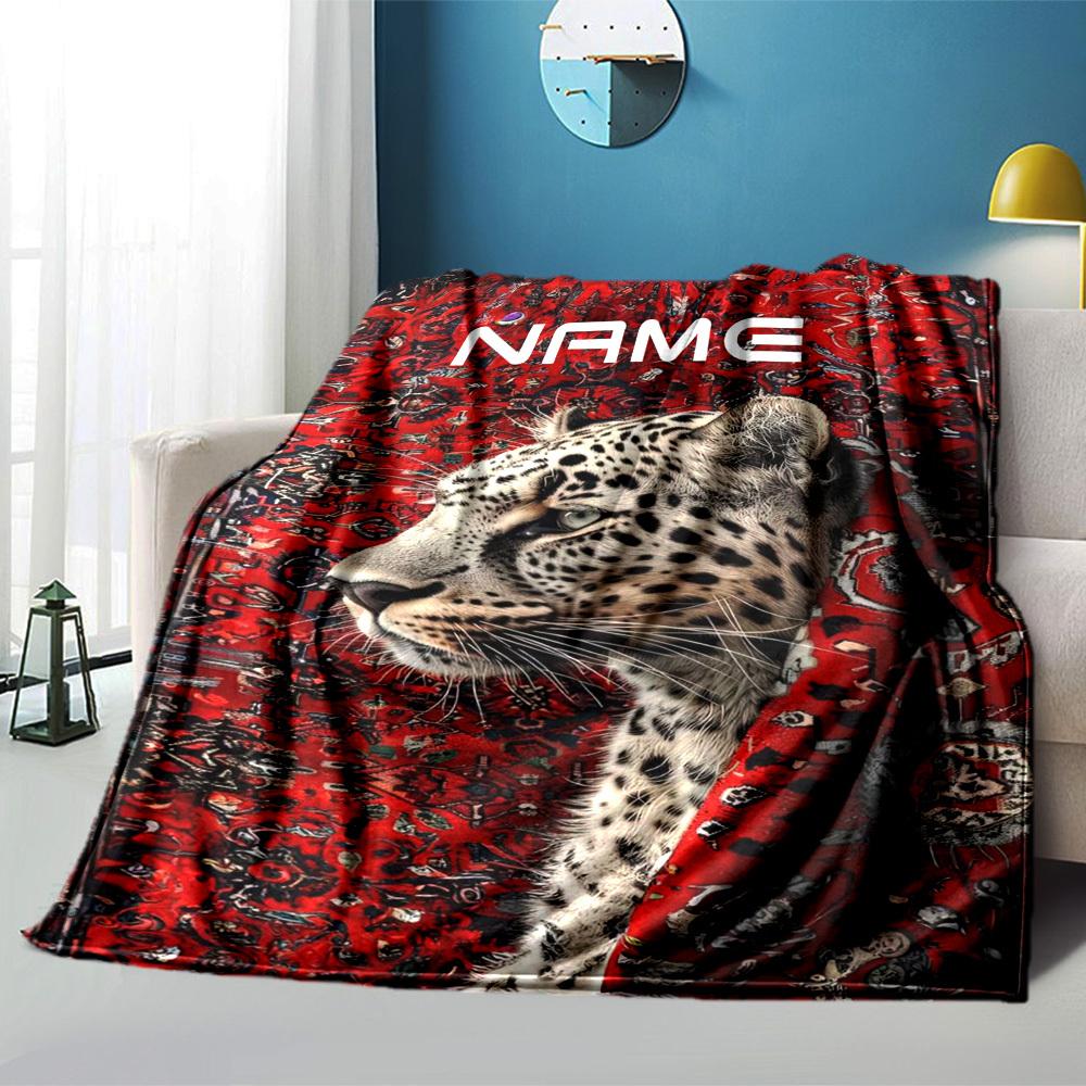 Home Customize Your Name Blankets Leopard On Red Carpet Pattern Comfortable Soft Lightweight Allseason Multipurpose Blanket For Picnics Sofas Offices