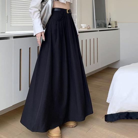 Women Skirt Elegant Flared A-Line Midi Skirt with Pockets Fashionable Solid Color Lady Skirt for Autumn