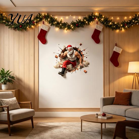 Holiday Window Clings Muscle Santa Claus Break Through Wall Christmas Decal, 3D Cracked Brick Winter Wonderland Stickers Self?Adhesive Sticker,
