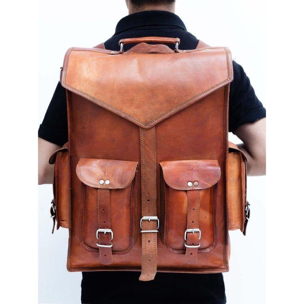 Leather Goat Backpack Laptop Vintage Bag Genuine Rucksack Brown Travel Messenger