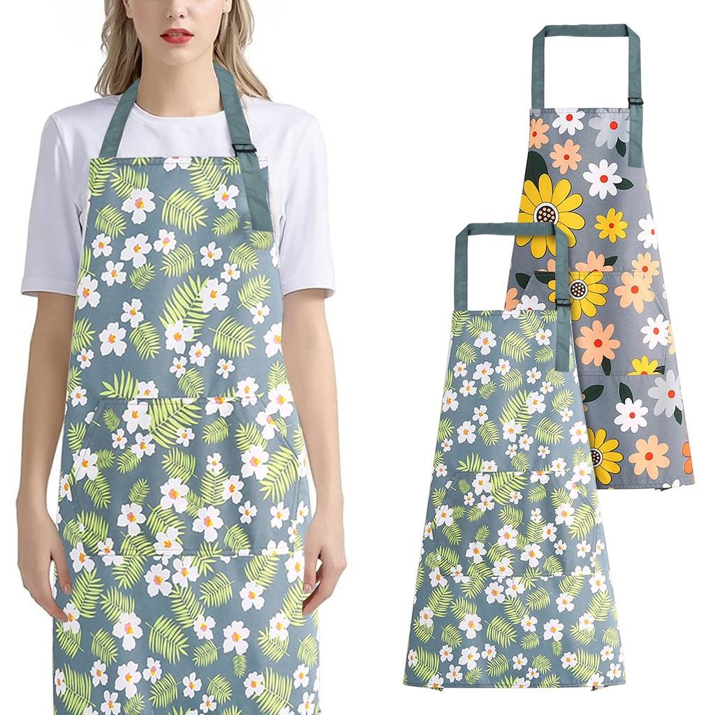 Becanno Women's Waterproof Apron, Adjustable Cooking Apron, Unisex Set of 2 with Pockets, Floral Print Apron for Cooking, Gardening, Baking, and